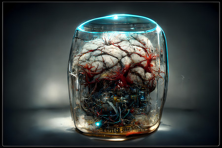 与机器 神经网络所生成的艺术相连接的透明容器中的人类大脑人工智能皮层液体科学智力生活实验室管子小脑玻璃背景图片