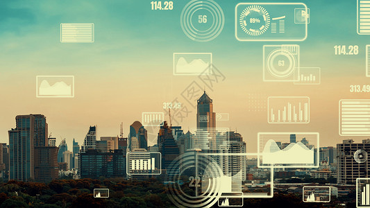 商业数据分析界面在智能城市上空飞过 显示改变的未来客户关系速度技术战略加密计划货币营销管理分析师数字的高清图片素材