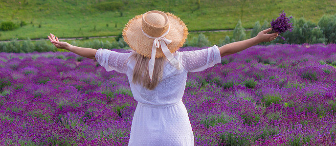 紫衣女孩穿白裙子的紫衣花朵的女人 乌克兰幸福农村快乐芳香女性紫色女孩晴天女士疗法背景