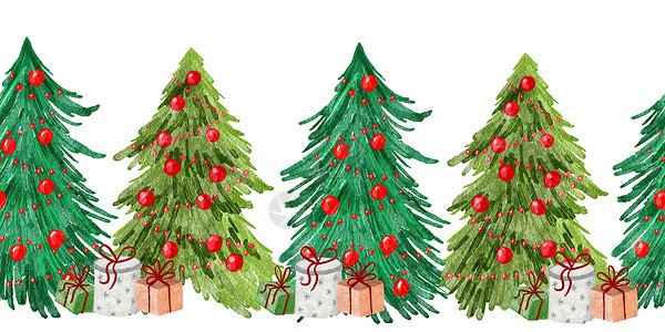 圣诞节手绘水彩水彩无缝的手与圣诞树接壤 冬季十二月 森林木林园装饰 雪饰中的松果锥形枝 水平剪裁框新年问候语枝条卡片针叶框架手绘装饰品插图假期背景