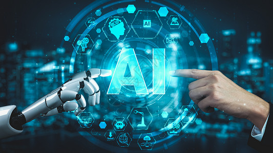 赛划未来的机器人人造智能 启发AI技术概念的人类人工智能思维科学男人机器开发商业数据深度算法商务背景