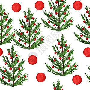手绘彩色大脑树手画水彩色和圣诞树的无缝图案 新年节日十月喜悦装饰品 挪威人扫描奇纳维亚传统包装纸印刷品 绿色松果鸡皮林假期水彩云杉植物卡片插图背景