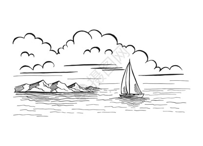 海洋画素材海景 海景 帆船 岩石 人工画的矢量图解海滩绘画涂鸦艺术草图天空海浪航海手绘假期背景