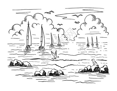 海洋画素材海景 海景 帆船 岩石 海鸥 手工绘制的矢量图海浪涂鸦艺术支撑插图地平线假期手绘海洋旅行背景