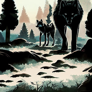 狼标素材设计冬季森林里的黑狼大灰狼背景