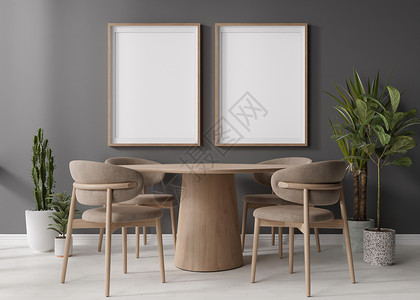 餐厅图现代餐厅灰色墙上的两个空垂直相框 模拟现代斯堪的纳维亚风格的室内装饰 图片 海报的自由空间 木桌 椅子 植物 3D 渲染背景