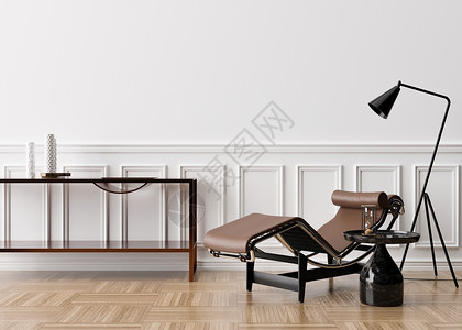 现代客厅的空白墙 模拟经典风格的内饰 自由空间 为您的图片 文字或其他设计复制空间 棕色皮革休闲椅 黑色大理石桌子 3D渲染背景图片