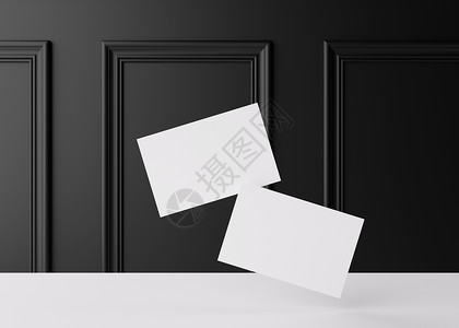 黑色经典名片背景为经典墙饰的空白白色名片 品牌标识的样机 两张牌显示双方 图形设计师的模板 自由空间 复制空间 3D渲染背景
