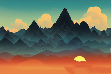 山中的日出 早晨的山脉岩石天空爬坡蓝色全景顶峰日落摄影天气旅游黄色的高清图片素材