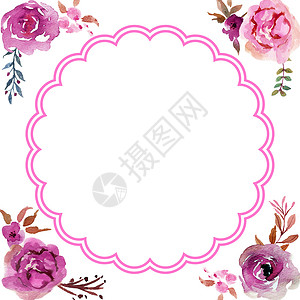 玫瑰圆水彩花框圆 花牌设计卡 简单背景的结婚卡 带有圆形概念 所有元素都是孤立的背景