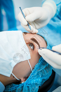 医疗激光眼睛矫正 医学技术眼科手术 掌声治愈白内障疾病康复蓝色诊所办公室显微镜科学治疗背景图片