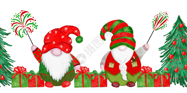 手画了无缝的横向边界 上面有红绿烟花中的水彩圣诞小矮人 斯堪的纳维亚诺迪斯季节装饰 明亮的冬季快乐卡邀请函背景图片