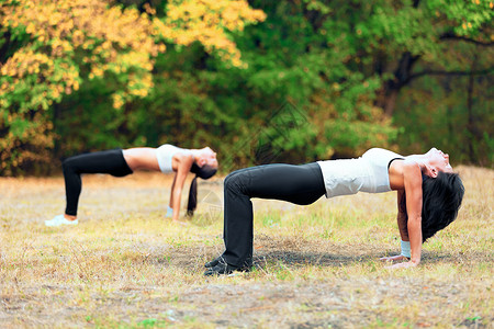 两个年轻女子在公园里一起做瑜伽 感觉自己被烧伤了高清图片