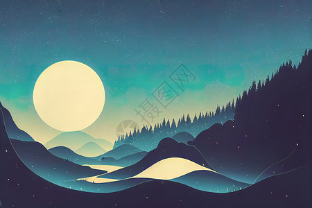 月光中神秘的神奇森林景观 席丽休埃特Silhouette林地艺术萤火虫迷雾风景阴影黑暗墙纸气氛绘图背景图片