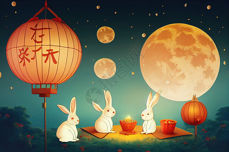 月亮与兔子边框3个创意的中秋节节贺卡 可爱的兔子背景