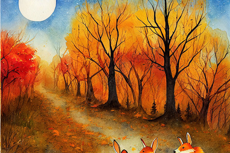 十月一插画水彩秋季插图 明信片有趣的人物狐狸和兔子背景