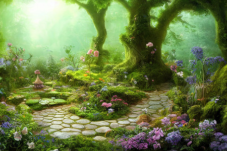 3D在森林里 一个迷人的仙女花园背景