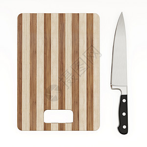 劈砍在白色背景上隔离的木制切板和刀 3D 插图硬木用具金属工具3d厨具厨师餐厅屠夫木头背景