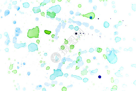 蓝色斑点蓝色和绿色水滴及浮质背景的抽象水颜色液体染料横幅刷子斑点墨水水彩画印迹飞溅插图背景