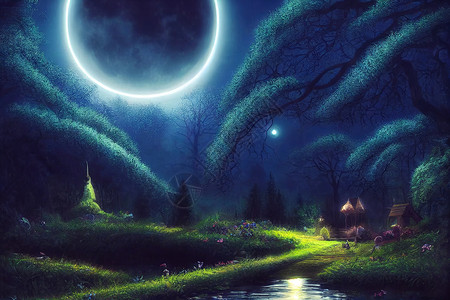 幻想的神奇魔法仙女童话故事风景与森林湖星星月亮月光故事玫瑰世界场景童话想像力林地背景图片