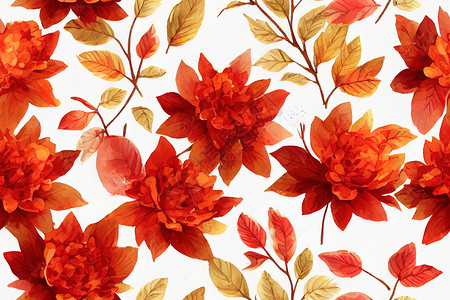 红色手绘花朵秋天花朵无缝的图案 有水彩南瓜 秋叶背景