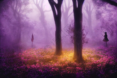 夜间跳舞的女孩园圃和众天神 在夜间迷雾中背景