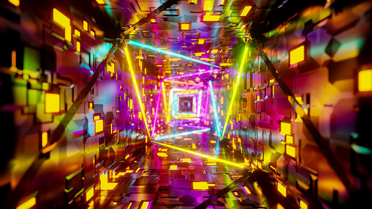 黄色荧光灯飞行在隧道里 有闪烁的多色荧光灯 3D 显示插图蓝色夜店运动滚动建筑学音乐控制板技术航班运输背景