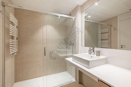 现代瓷砖洗手间内有繁多的室内 有白色水槽 大镜子和淋浴区背景图片
