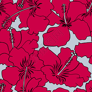 手绘红芙蓉花的无缝图案 颜色 2023 趋势 灰色背景的花卉热带夏威夷印花 花园丛林夏季设计 岛屿绽放艺术背景图片