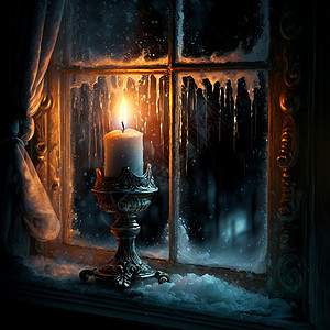 蜡烛图冷冻窗台上的烛台里的蜡烛背景