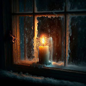 蜡烛图冰冻窗户边的玻璃杯中的蜡烛背景生日3d全景圆柱巧克力灯笼房子插图彩色背景