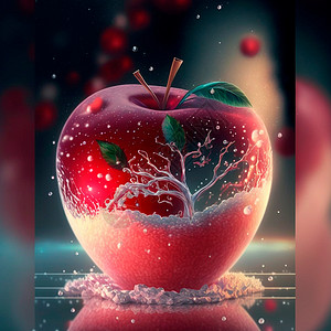 手绘红色苹果显示一个霜冻的红苹果 里面有各种内印宏观反射时间纹理手绘水彩玻璃地面农业生产背景