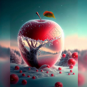 手绘红色苹果显示一个霜冻的红苹果 里面有各种内印水彩橙子壁橱蜡烛生产季节营养叶子手绘维生素背景