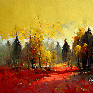 秋天森林风景 秋季的多彩水彩画 红树和黄树橡木艺术水彩插图红色绘画白色木头季节树叶背景图片