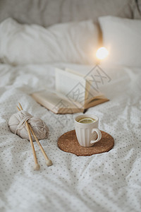 书针寒冬背景舒适 有一本书 茶杯和针织针 在温暖温柔的床顶上风景饮料风格闲暇阅读情绪房间毯子湿气生活假期背景