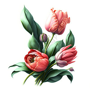 粉色花卉装饰粉红色的郁金香花花束 有绿色叶子 白色背景上的鲜花被分离出来背景