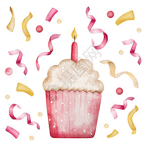 水彩蛋糕生日快乐蛋糕杯水彩色插图艺术蜡烛派对明信片奶油卡片食物绘画孩子问候语背景