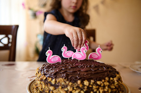 点蜡烛的孩子有选择地关注节日巧克力蛋糕的顶端 生日孩子的手把粉红色火烈鸟蜡烛放在顶端背景