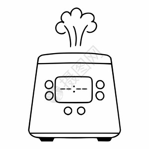 针管线性图标做饭用的厨房用具 像涂鸦一样慢速的电炉子黑色火炉草图袖珍电饭煲蒸汽房子插图力量器具背景