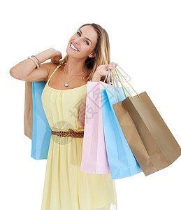 春夏新品促销购物袋 白色背景和女性 用于销售或折扣交易的营销 促销或广告 购物 财富和富客在工作室的春夏时尚商业选择背景