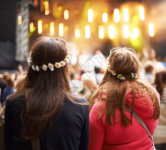 观众在户外音乐节上观看人群的后视镜头 主要关注两名女性粉丝 (笑声)坦率高清图片素材
