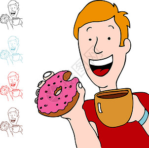 草莓味甜甜圈男人有咖啡和甜甜圈设计图片