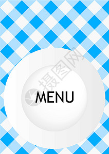 菜单卡设计用具插图桌布烹饪桌子检查用餐食物正方形蓝色背景图片