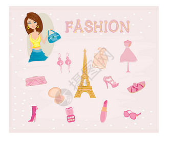 t字鞋素材巴黎时装集涂鸦插图草图耳环花朵女孩销售裙子旅游香水设计图片