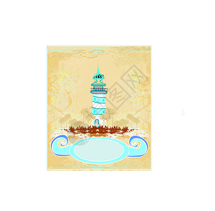 波息湾使用灯塔进行背景回顾涂鸦石头航行假期港口海岸蓝色指导旅行阳光设计图片