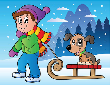 滑雪狗与男孩和雪橇一起的冬季场景设计图片