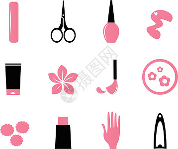 白美甲素材白粉色 黑色上隔离的美甲 化妆品和美容图标魅力皮肤剪刀瓶子女孩温泉夹子抛光插图身体设计图片