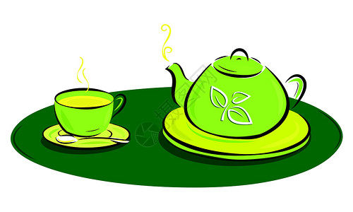 壶茶茶壶 有树叶符号和杯子插图设计图片