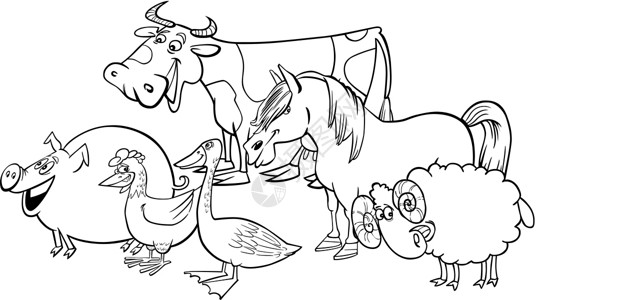 一群马一组用于彩色的卡通农场动物羊毛绘画草地农村小猪喇叭漫画染色国家家禽设计图片