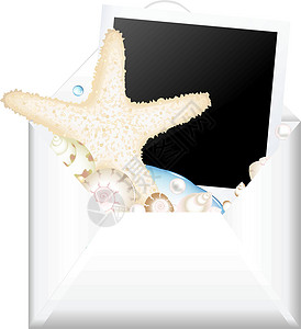 贝壳相框带相片和海星的开放信封设计图片
